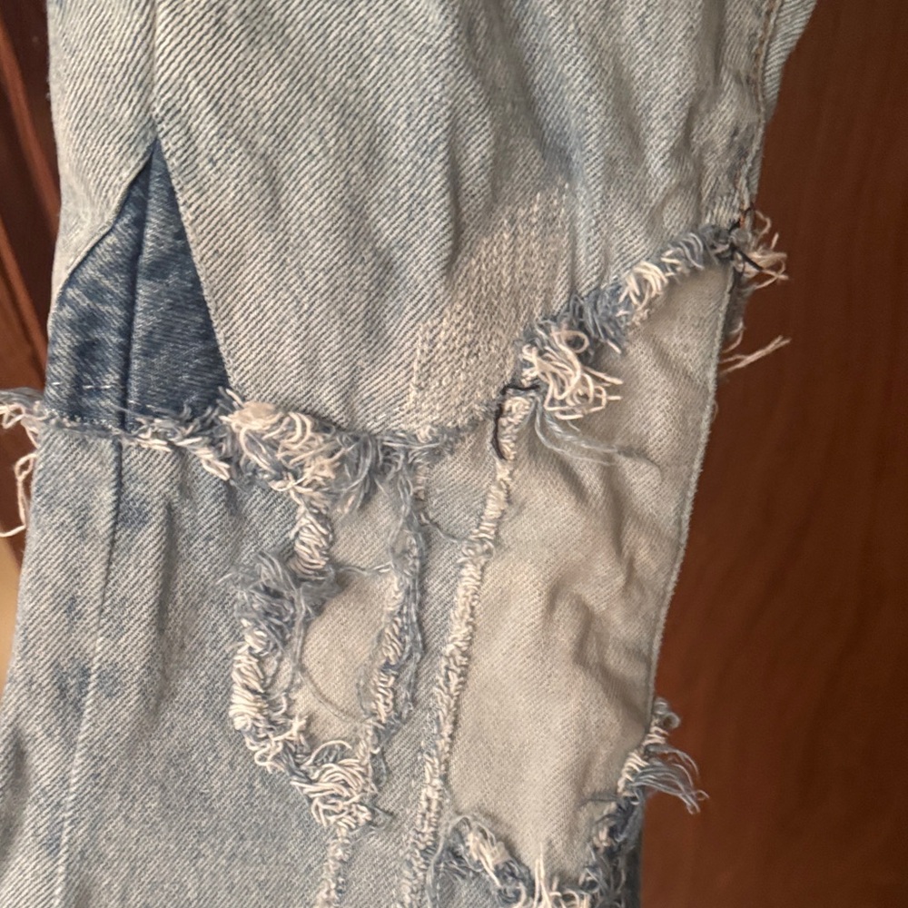 MNML Distressed Patchwork Bootcut Jeans - Light B… - image 7